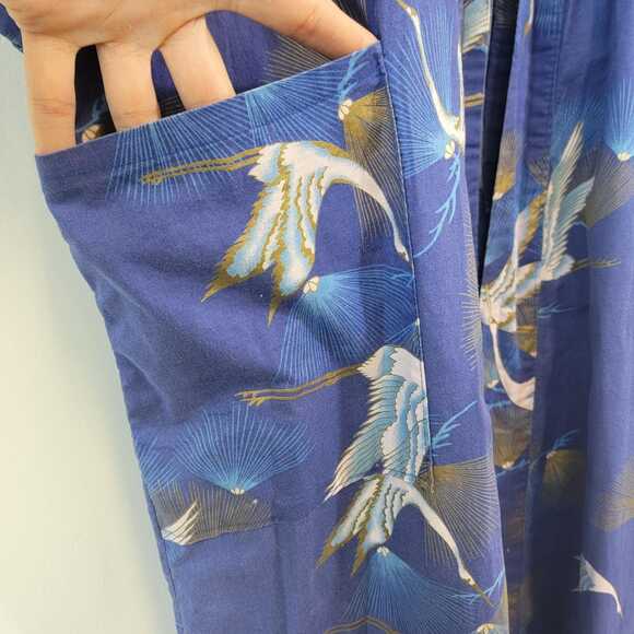 90s Era Cotton Blue Crane Lightweight Loungewear Robe - Picture 6 of 8